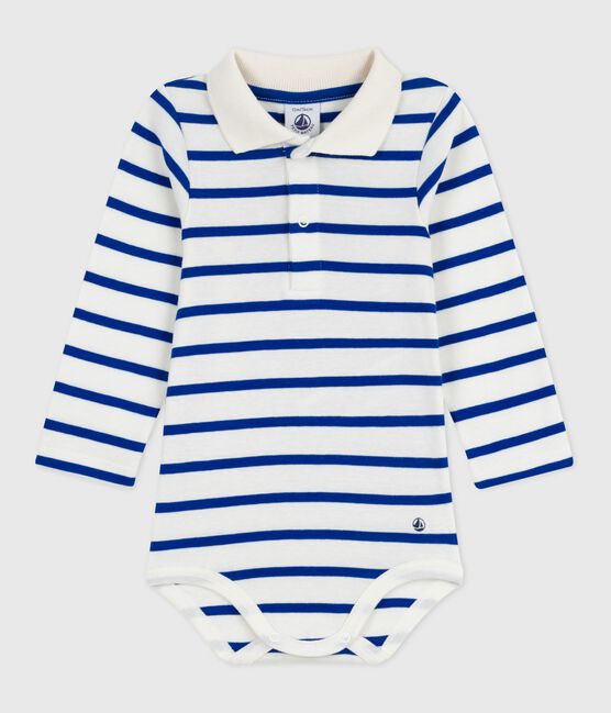 Body in cotone a righe con colletto a polo neonato blu MILK/ OLYMPIC