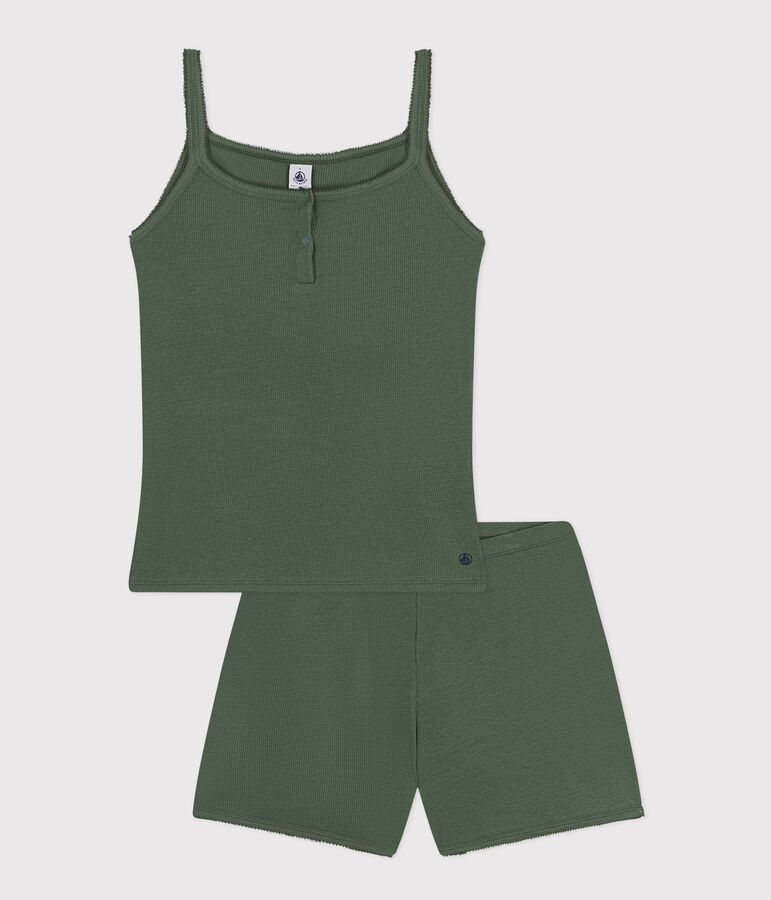 Pigiama shorts e canotta a tinta unita in cotone e lyocell donna verde