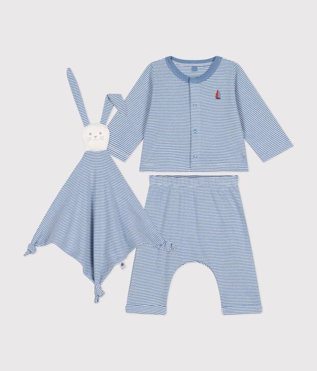 Set 3 pezzi in cotone neonato blu/bianco