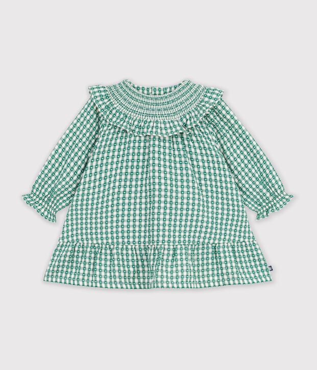 Abito a maniche lunghe in cotone a quadretti vichy neonata verde/bianco