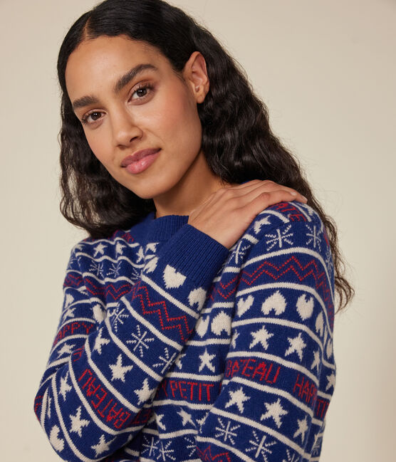 Maglione in misto lana e cotone jacquard donna blu MEDIEVAL/bianco MULTICO