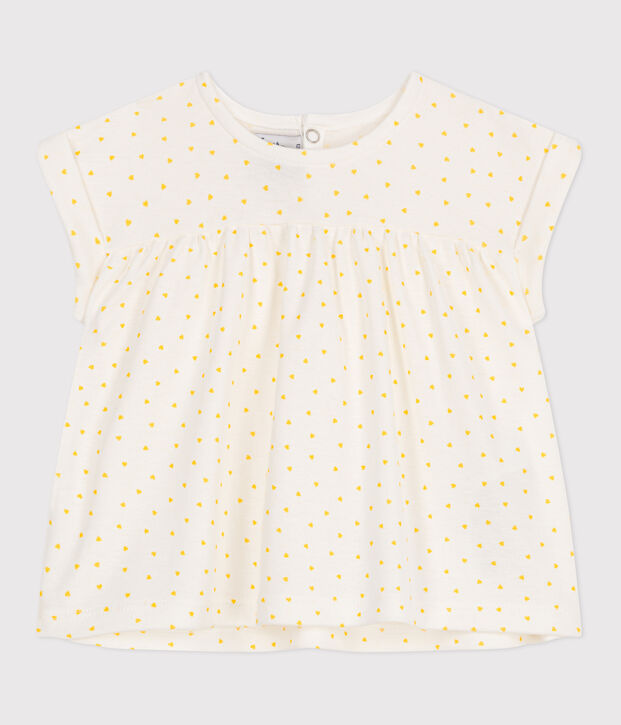Blusa a maniche corte in cotone con mini cuore stampato neonato bianco/giallo