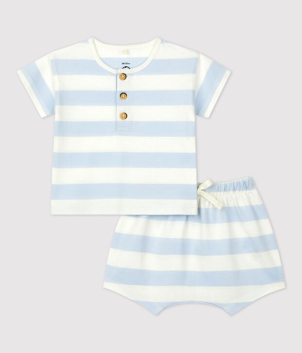 Completo 2 pezzi a righe beb&egrave; in jersey blu/bianco