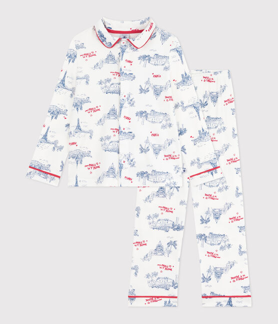 Pigiama bambino in cotone con bottoni e stampa Parigi bianco MARSHMALLOW/bianco MULTICO
