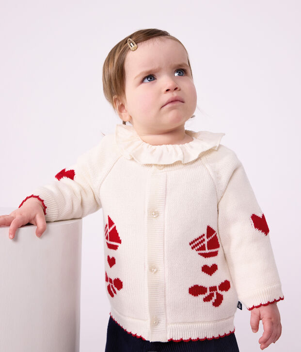 Cardigan in maglia di lana e cotone con motivi jacquard neonato bianco/rosso