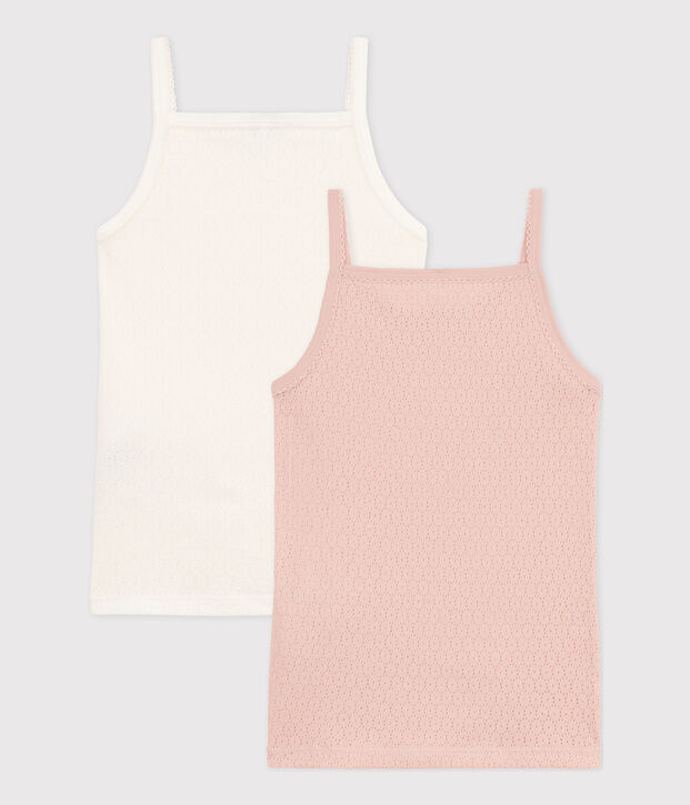 Confezione da 2 canottiere bambina con spalline in cotone traforato tinta unita multicolore