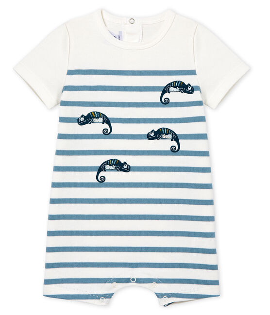 Tutina corta bebè maschio a manica corta bianco MARSHMALLOW/blu FONTAINE