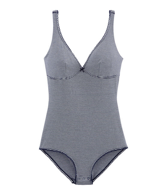 Body senza maniche donna in jersey extrafine blu ABYSSE/bianco LAIT