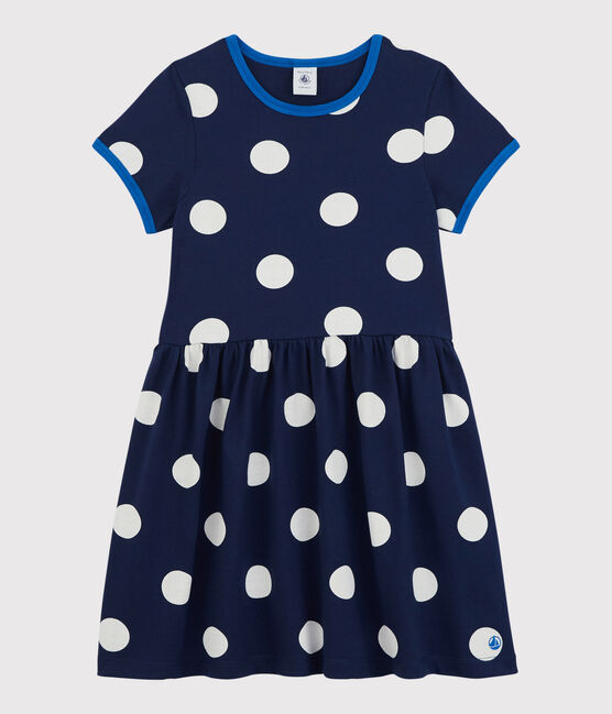 Abito bambina a maniche corte in cotone blu MEDIEVAL/bianco MARSHMALLOW