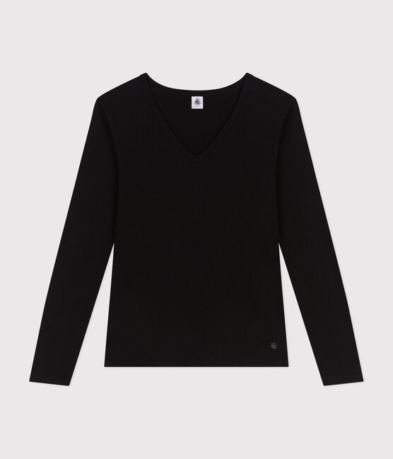 T-shirt donna L'Iconique a maniche lunghe in tinta unita a costine nero BLACK