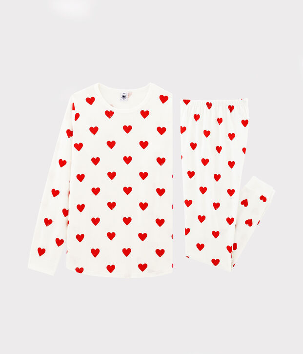 Pigiama bambina fantasia cuori a costine bianco/rosso