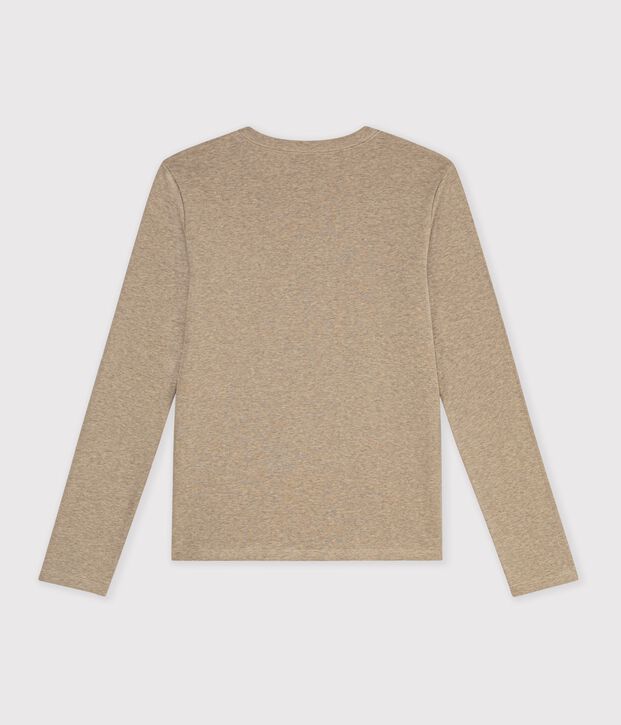 T-shirt a maniche lunghe in cotone tinta unita donna beige
