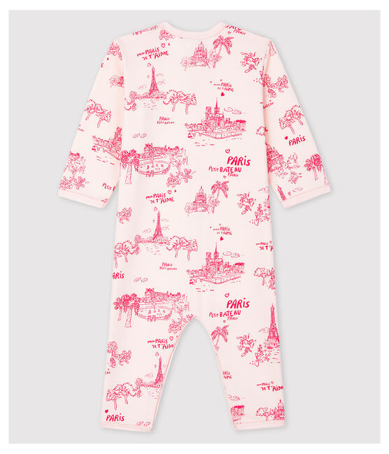 Tutina pigiama senza piedi tela di Jouy rosa bebè in cotone rosa FLEUR/rosa GROSEILLER