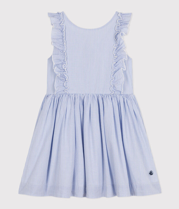 Abito bambina a righe in popeline blu/bianco/grigio