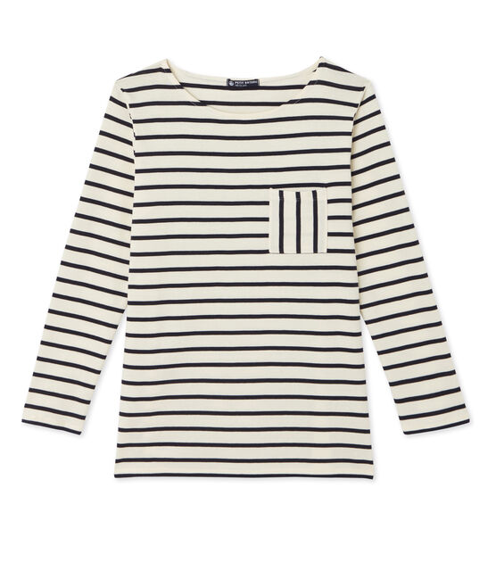 T-shirt femme manches longues en côte originale beige COQUILLE/blu SMOKING