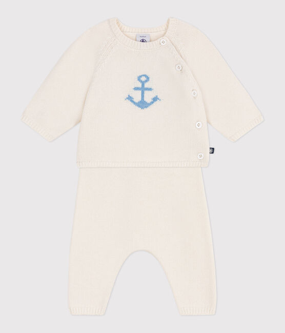 Completo 2 pezzi in maglia di lana e cotone jacquard neonato bianco MARSHMALLOW