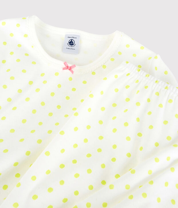 Pigiama a pois gialli bambina in cotone bianco/giallo