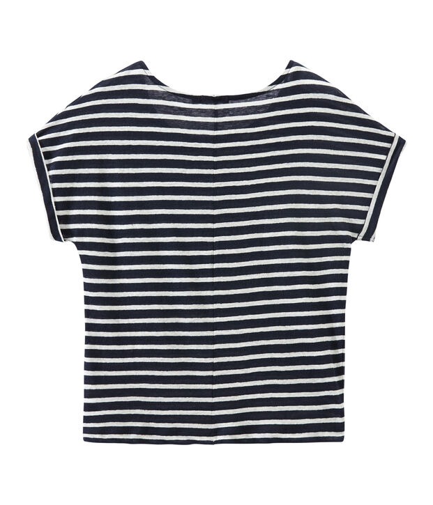 T-shirt donna in lino a righe blu/bianco
