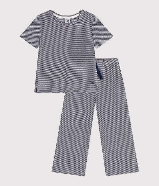 Pigiama a maniche corte e con gamba ampia in cotone a righe bambina blu SMOKING/bianco MARSHMALLOW