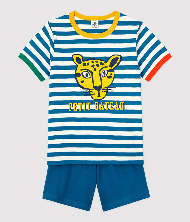 Pigiama corto bambino a righe in cotone blu/bianco