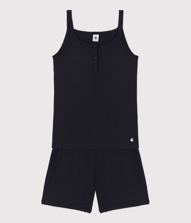 Pigiama donna corto in cotone e lyocell tinta unita con spalline blu