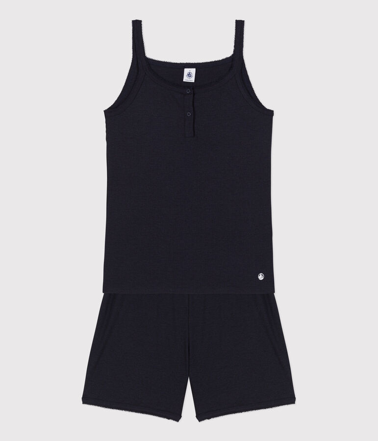 Pigiama donna corto in cotone e lyocell tinta unita con spalline blu