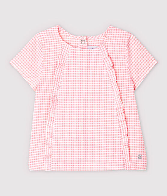Blusa manica corta in popeline bebè femmina rosa MINOIS/bianco MARSHMALLOW