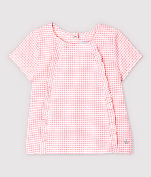 Blusa manica corta in popeline beb&egrave; femmina rosa/bianco