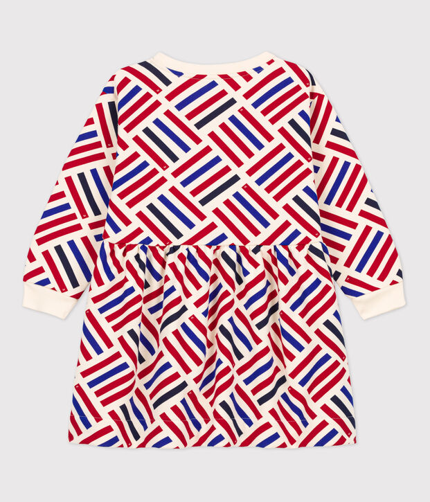 Abito bambina a maniche lunghe in tessuto felpato stampato ecru/multicolore