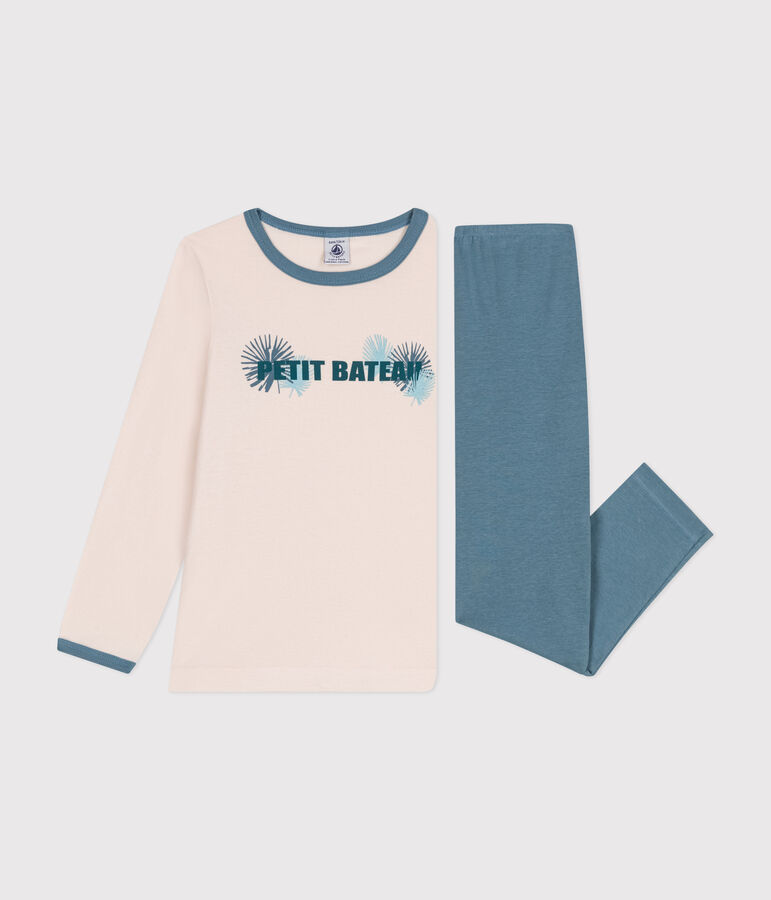 Pigiama bambina a maniche lunghe in cotone beige/blu
