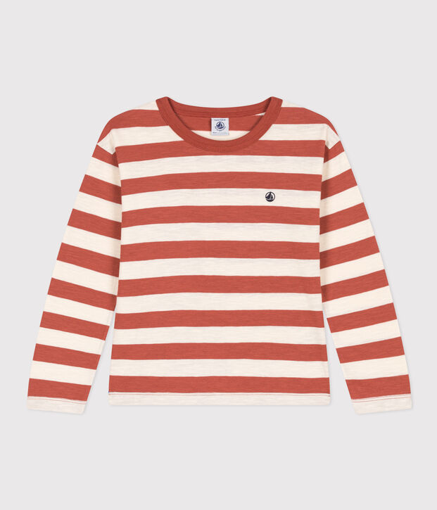 T-shirt a maniche lunghe in cotone bambino marrone/ecru