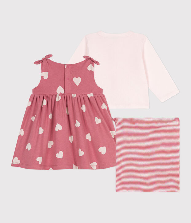 Set due pezzi neonato in cotone con cardigan tinta unita e abito con stampa rosa/multicolore