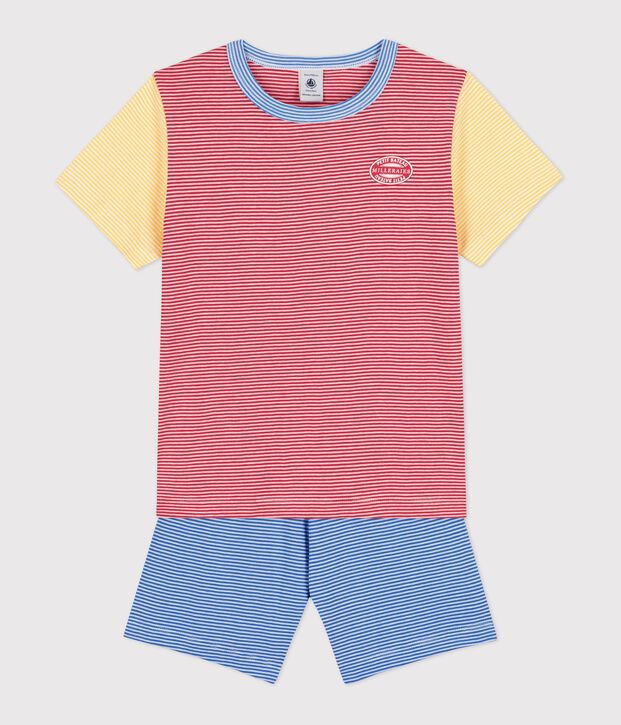 Pigiama corto millerighe rosso, blu e giallo bambino in cotone rosso/multicolore