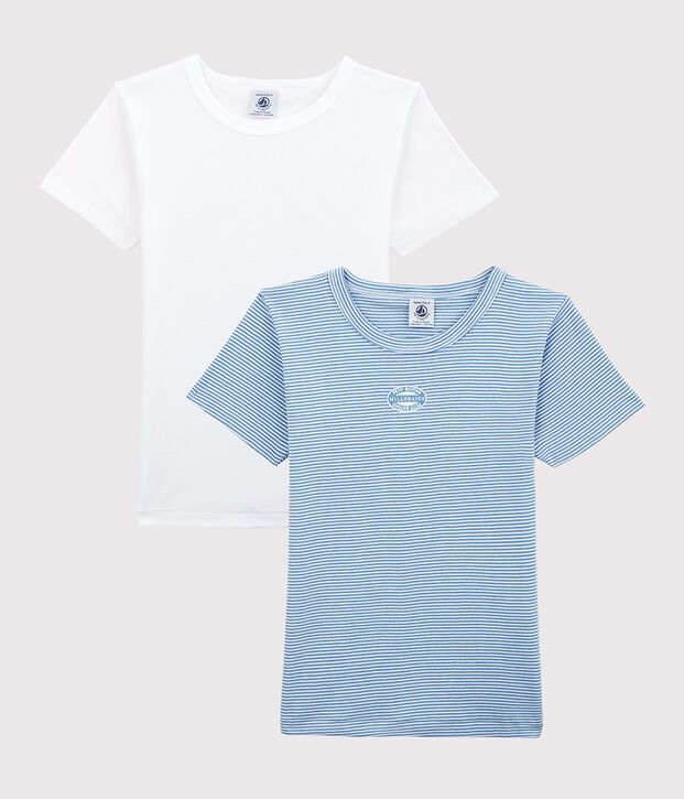 Confezione da 2 t-shirt manica corta millerighe blu bambino in cotone biologico multicolore