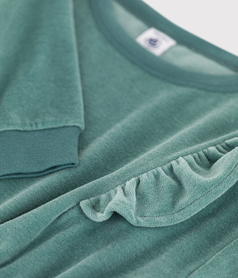 Abito maniche lunghe in bouclette di velluto tinta unita bambina verde