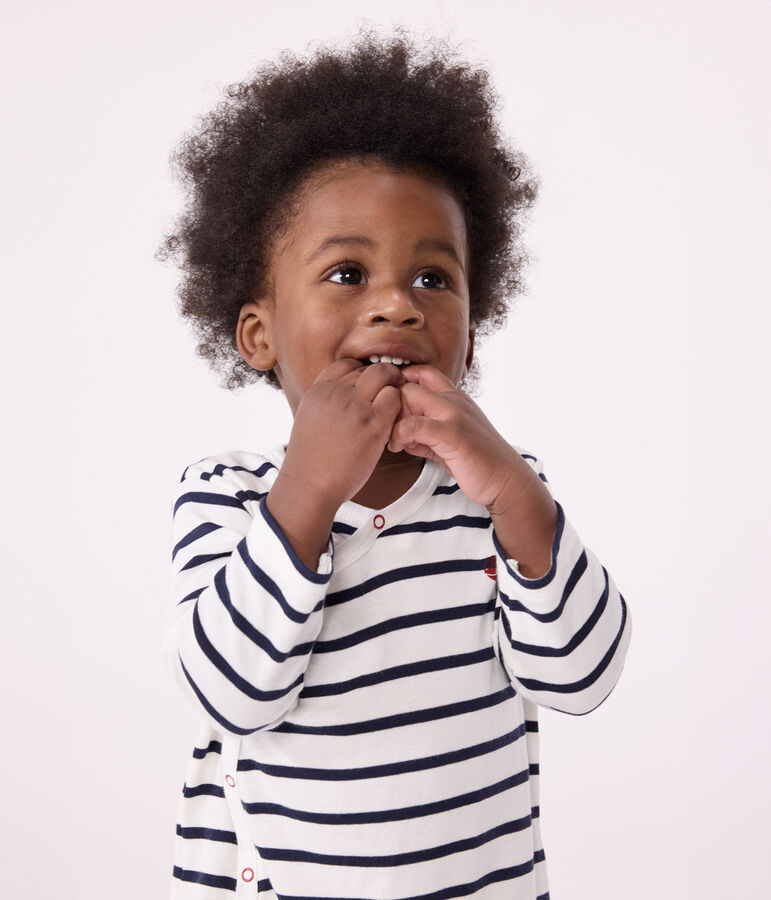 Pigiama beb&egrave; a righe in cotone bianco/blu