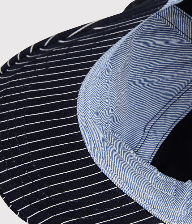 Berretto con etichetta in bouclette, beb&eacute; maschio blu/bianco