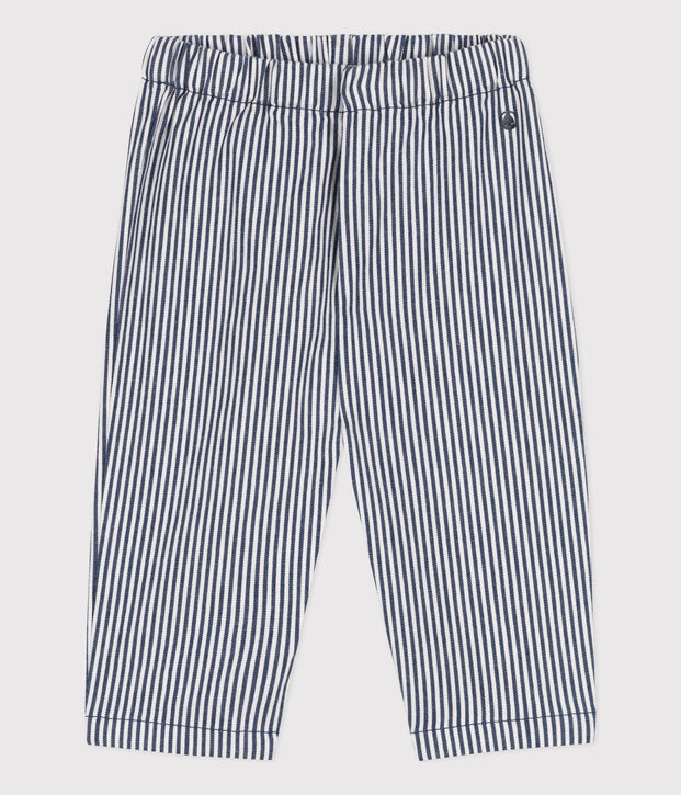 Pantaloni beb&egrave; in tela a righe. blu/bianco