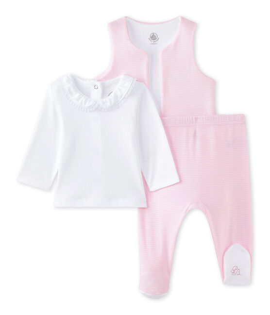 Coordinato 3 pezzi per bebé femmina bianco ECUME/rosa VIENNE