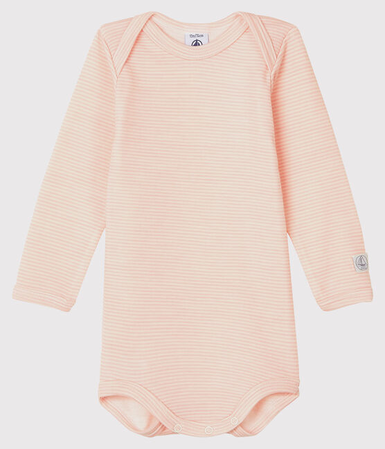 Body maniche lunghe a righe bebè in lana e cotone rosa CHARME/bianco MARSHMALLOW