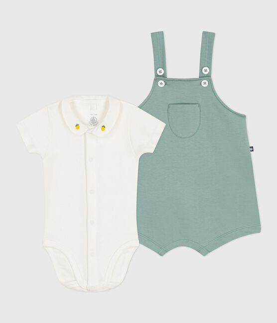 Completo nascita composto da salopette e body ricamato in cotone tinta unita verde PAUL