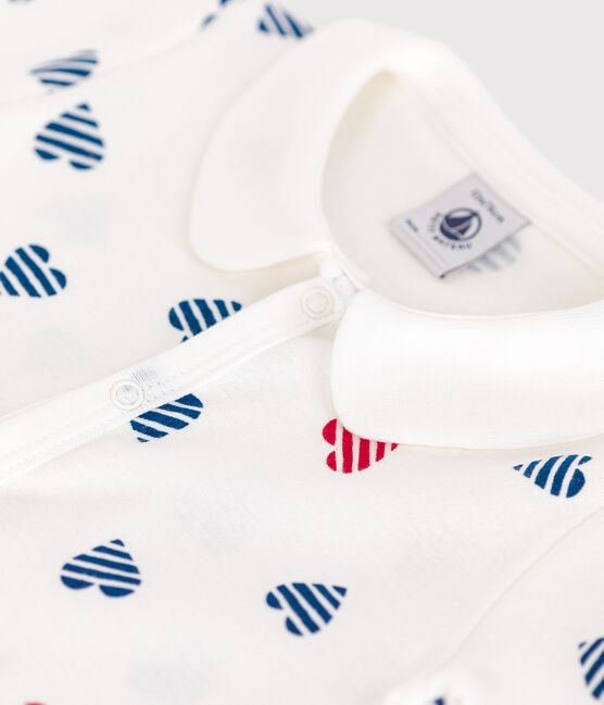 Tutina corta in cotone con colletto a cuori a righe neonato bianco MARSHMALLOW/bianco MULTICO