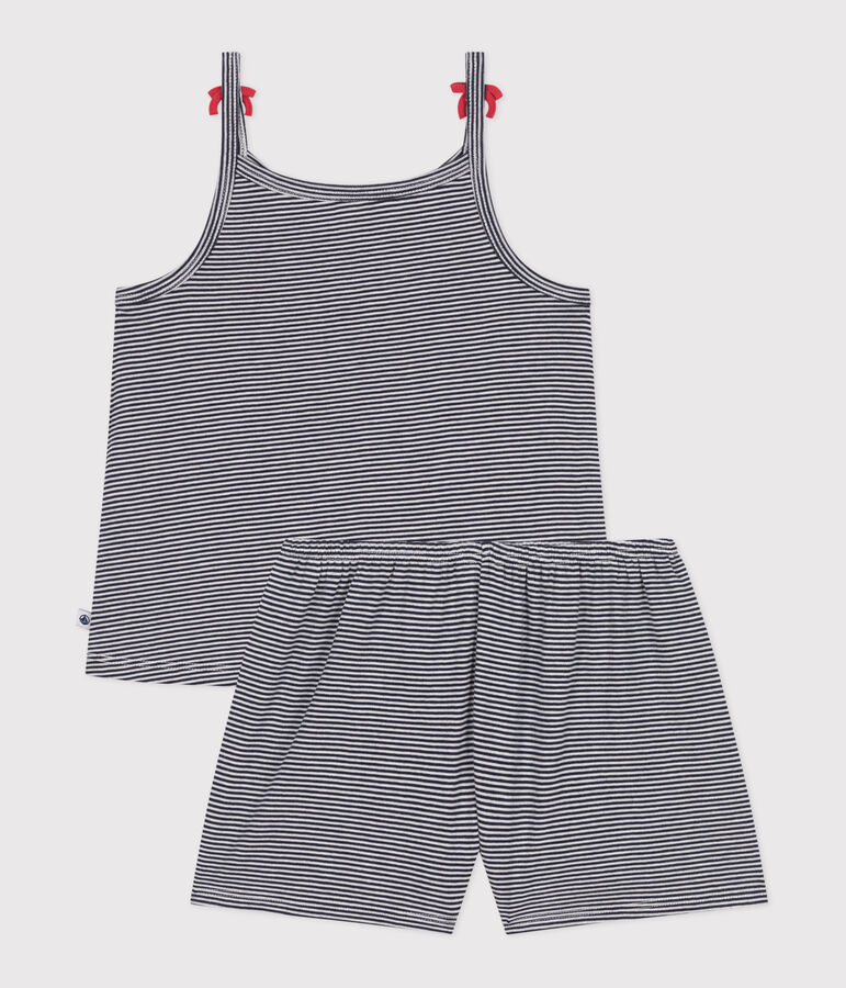 Pigiama corto in cotone a righe con spalline bambina blu/bianco