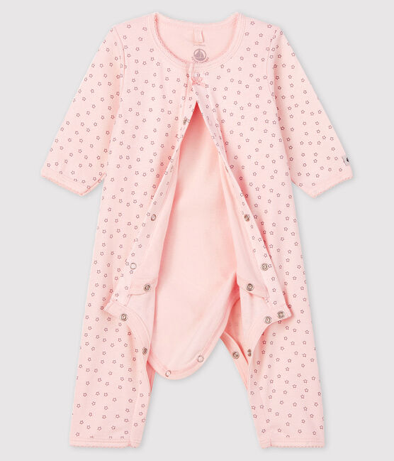 Body-pigiama senza piedi a stelline bebè femmina in cotone biologico rosa FLEUR/grigio CONCRETE