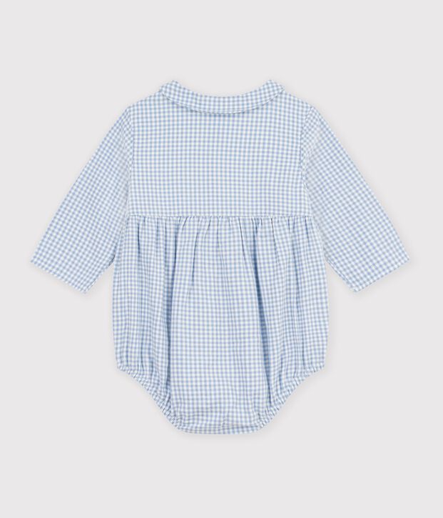 Tutina corta in cotone con colletto con stampa a quadretti vichy neonato blu/bianco