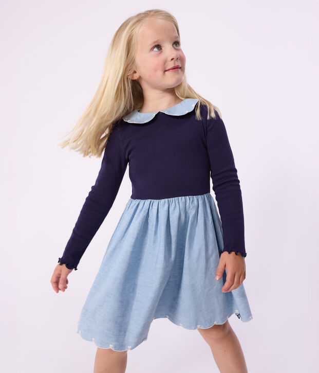 Abito a maniche lunghe bimateriale in cotone bambina SOIR