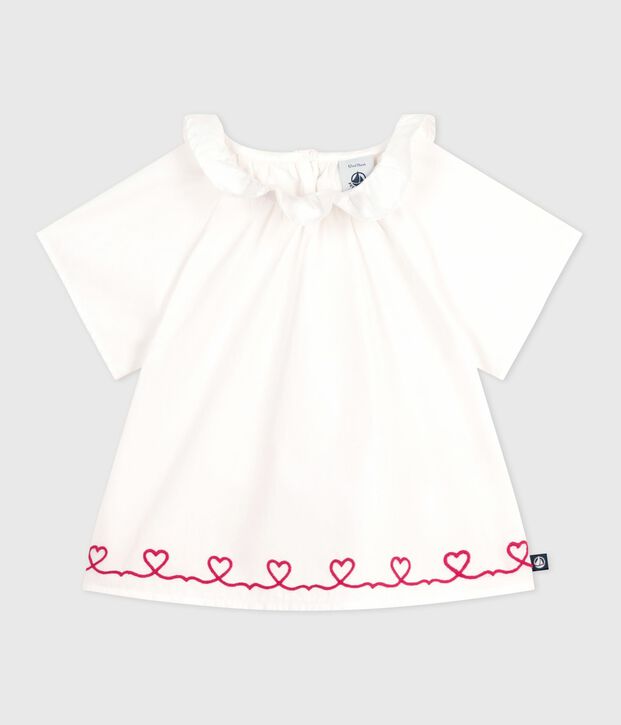 Blusa a maniche corte in popeline di cotone con ricamo a cuori neonata bianco