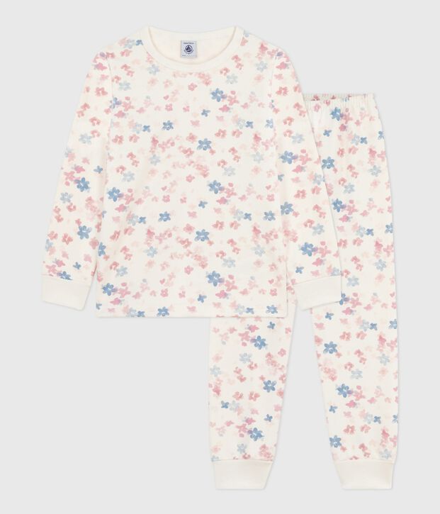 Pigiama bambino in tessuto felpato con stampa a fiori ecru/multicolore
