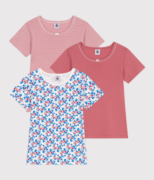 Set di 3 T-shirt a maniche corte in cotone a fiori bambina multicolore