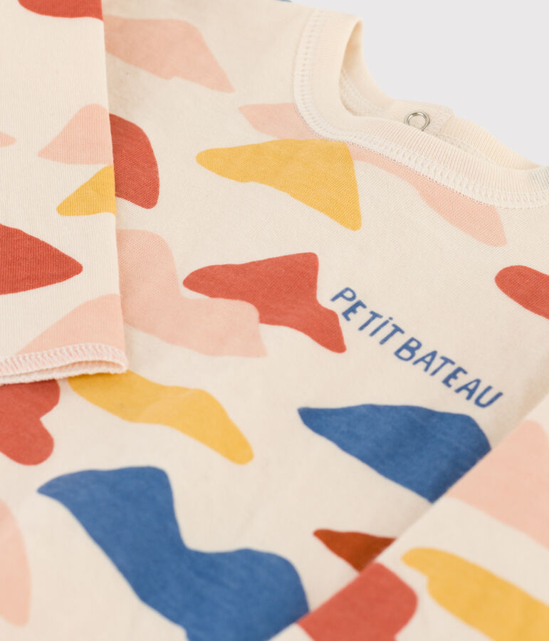 T-shirt maniche lunghe beb&egrave; con fantasia in tubique ecru/multicolore